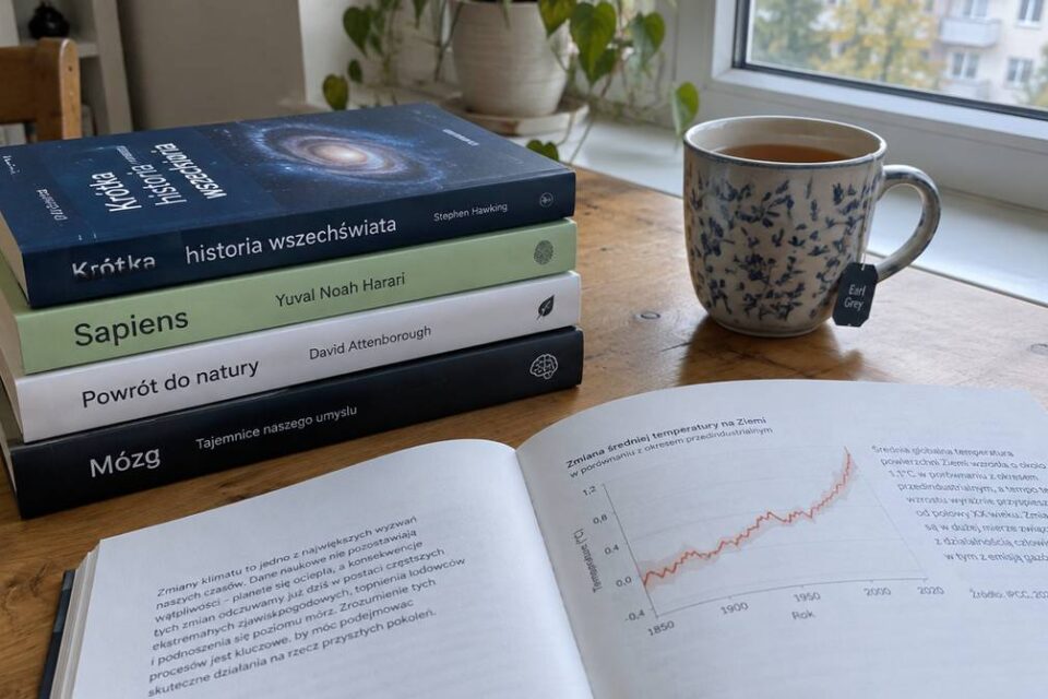 Stos książek popularnonaukowych o klimacie i otwarta książka z wykresem temperatury na drewnianym stole