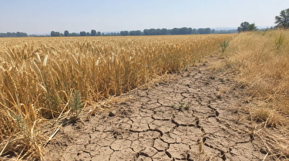 Spękana, wyschnięta ziemia przy polu zboża podczas suszy i letniego upału