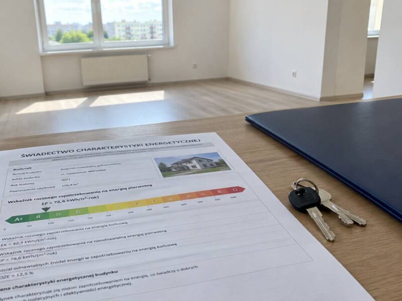 Świadectwo charakterystyki energetycznej na stole w mieszkaniu obok kluczy i teczki z dokumentami