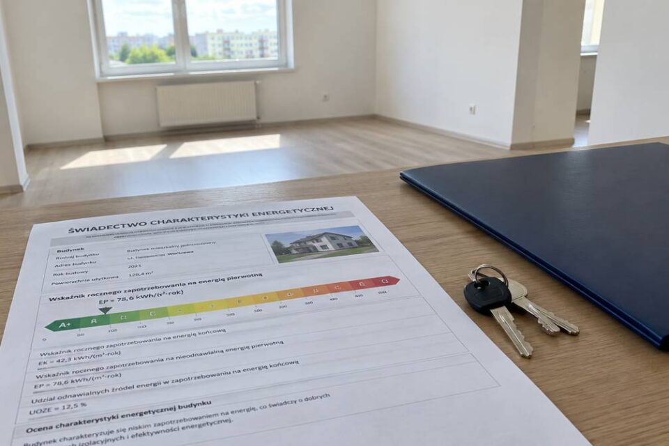 Świadectwo charakterystyki energetycznej na stole w mieszkaniu obok kluczy i teczki z dokumentami
