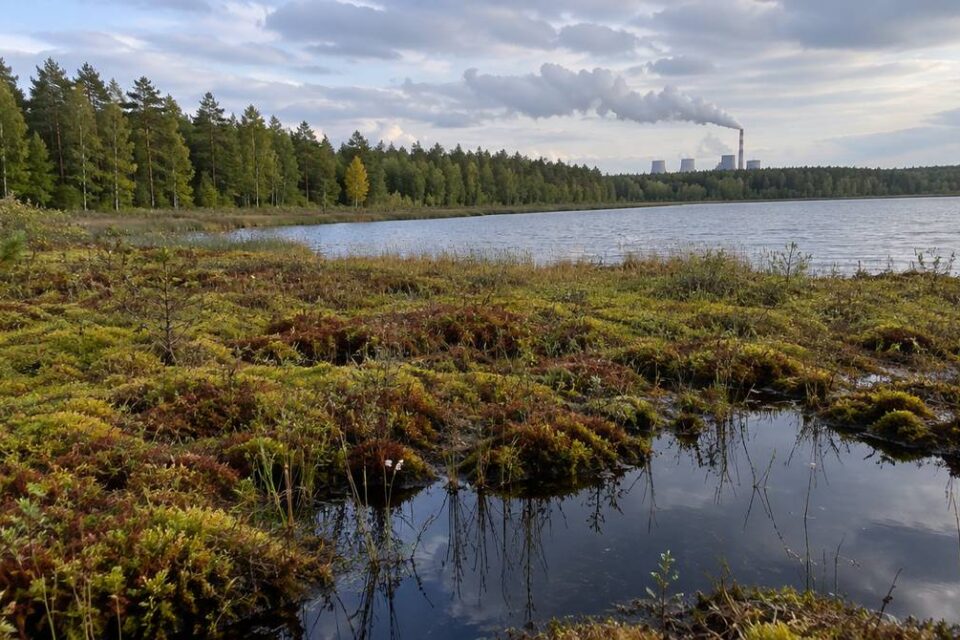 Torfowisko z mchem torfowcem nad jeziorem, las i dym z komina elektrowni węglowej na horyzoncie