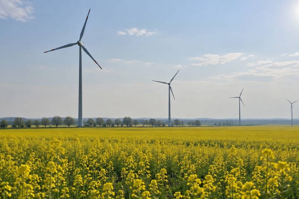 Trójpłatowe turbiny wiatrowe na stalowych wieżach nad polami kwitnącego rzepaku