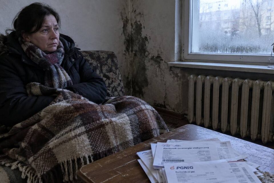 Kobieta owinięta kocem w chłodnym mieszkaniu w bloku, obok rachunki za prąd i gaz oraz żeliwny grzejnik pod oknem