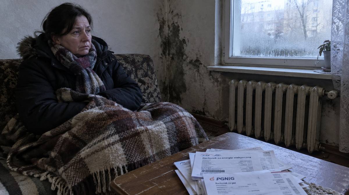 Kobieta owinięta kocem w chłodnym mieszkaniu w bloku, obok rachunki za prąd i gaz oraz żeliwny grzejnik pod oknem