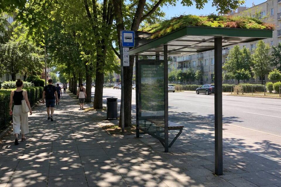 Miejska ulica w upale z drzewami dającymi cień i przystankiem z zielonym dachem porośniętym rozchodnikami