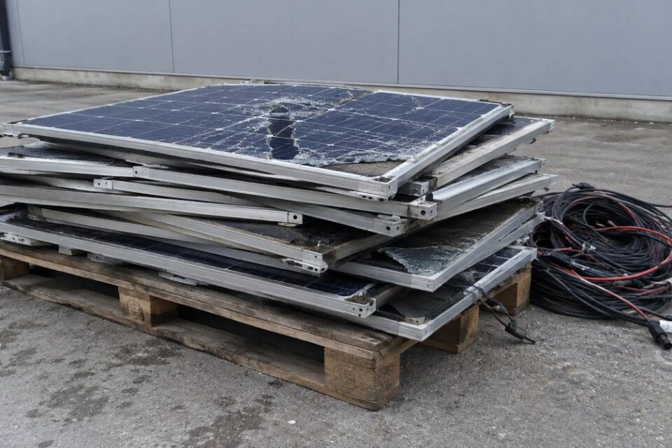 Stos zużytych paneli fotowoltaicznych z ramami aluminiowymi na palecie przed zakładem przetwarzania ZSEE