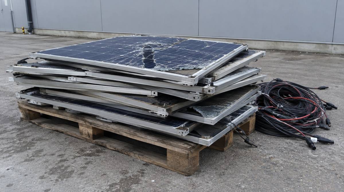 Stos zużytych paneli fotowoltaicznych z ramami aluminiowymi na palecie przed zakładem przetwarzania ZSEE