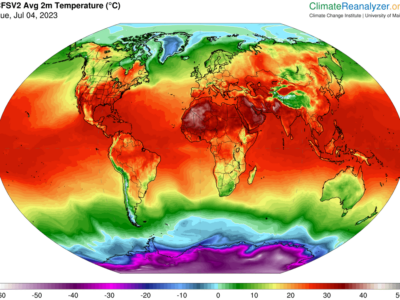 Temperatury na świecie z 04 lipca 2023 r. Źródło: ClimateReanalyzer.